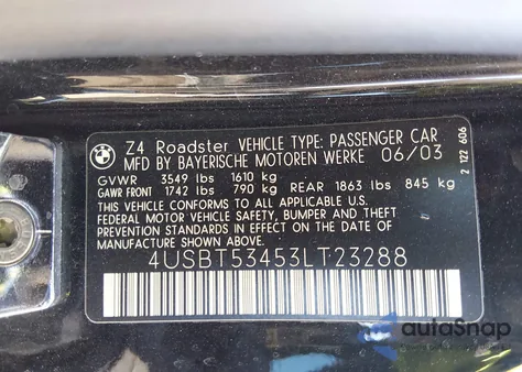 2003 BMW Z4 3.0I from USA, damaged, VIN 4USBT53453LT23288